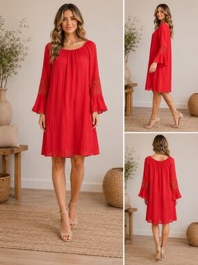 Indigo Rose Red Boho Peasant Dress 3X Plus Size Lace Bell Sleeve Tunic Dress
